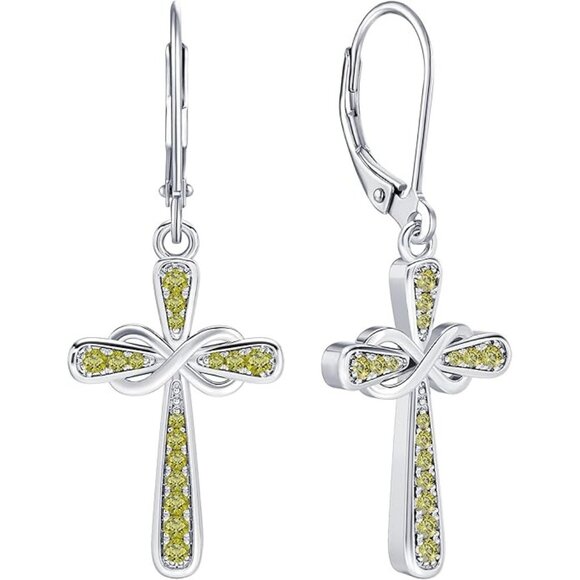 Cross Silver Infinity Dangle Drop Earrings Birthstone - 08-peridot-Aug